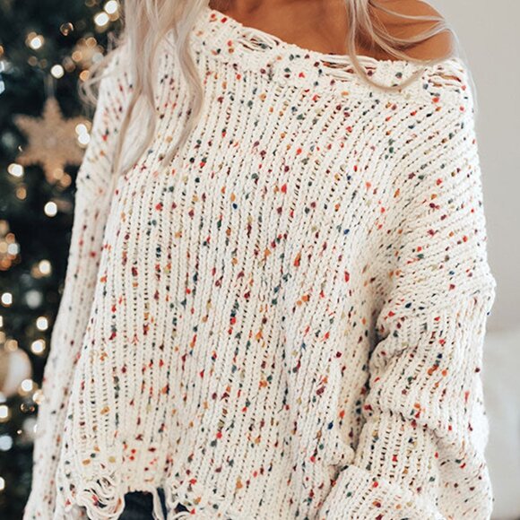 B015 White Confetti Distressed Knit Sweater - Picture 1 of 4